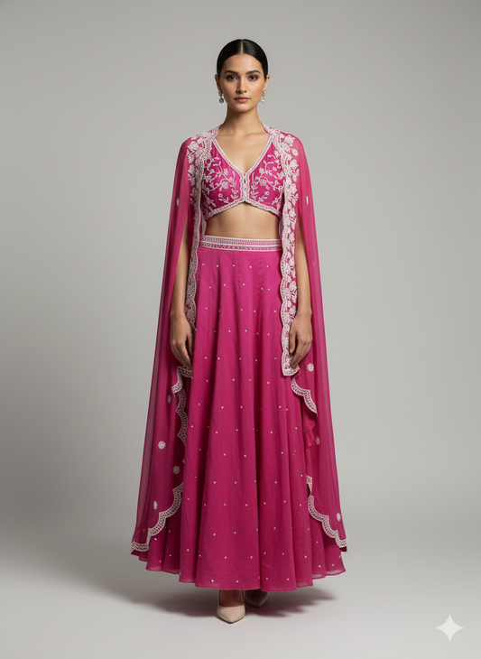 Fuschia Pink Pearlwork Cape Lehenga Set