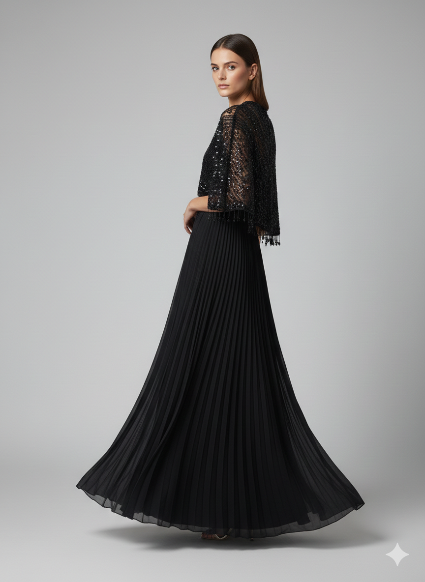Black chiffon Gown with Embellished Jacket