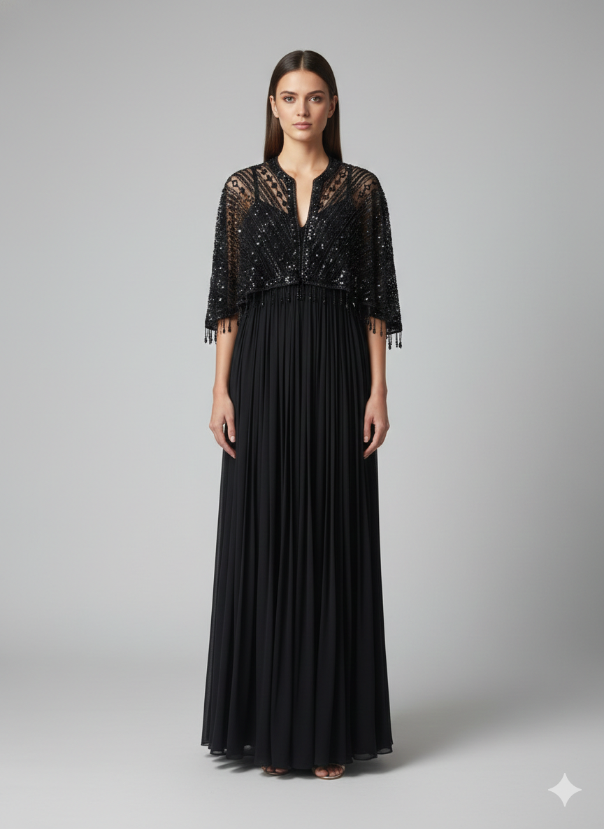 Black chiffon Gown with Embellished Jacket