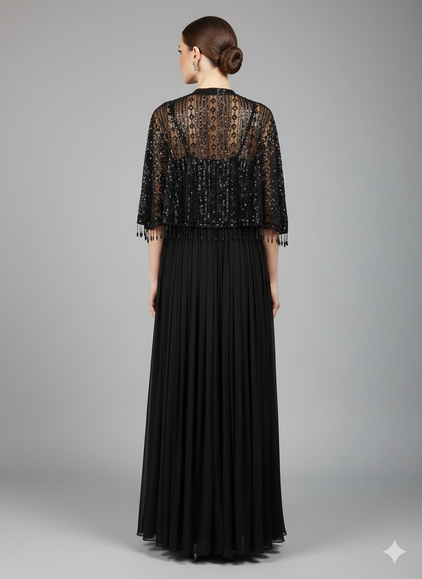 Black chiffon Gown with Embellished Jacket