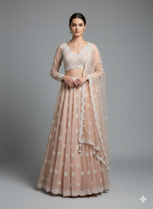 Dusty Pink Organza Pearlwork Heavy Lehenga Set