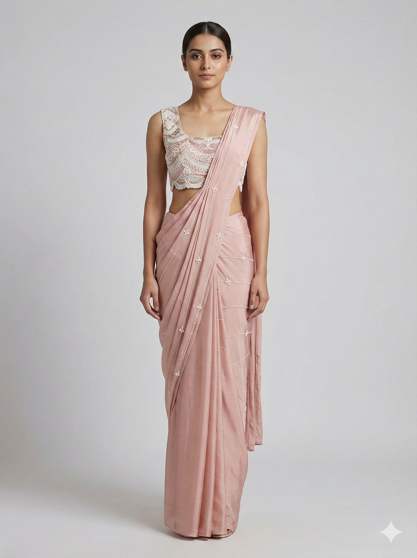 Pink satin Pearlwork Draped Saree