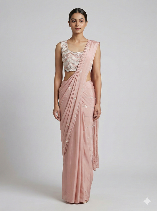 Pink satin Pearlwork Draped Saree