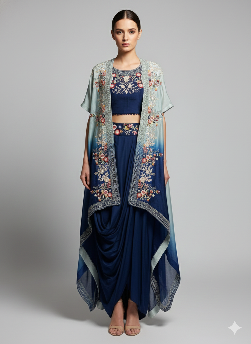 Blue Draped Skirt set with Organza Jacket