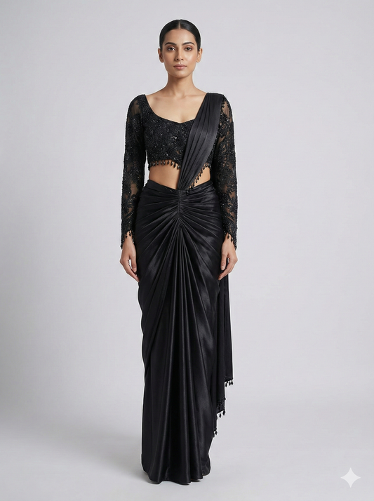 Black on Blacl pearlwork Draped Saree