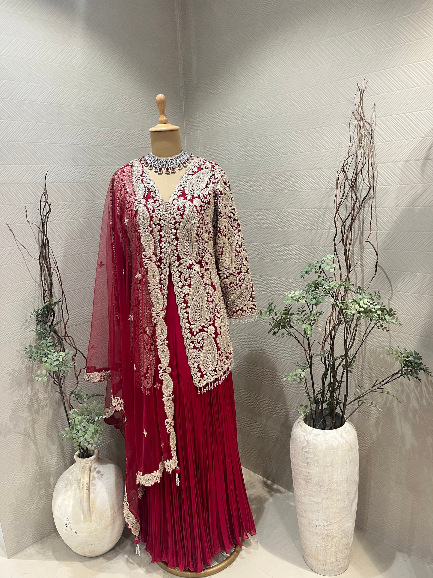 Ruby red pleated Sharara set