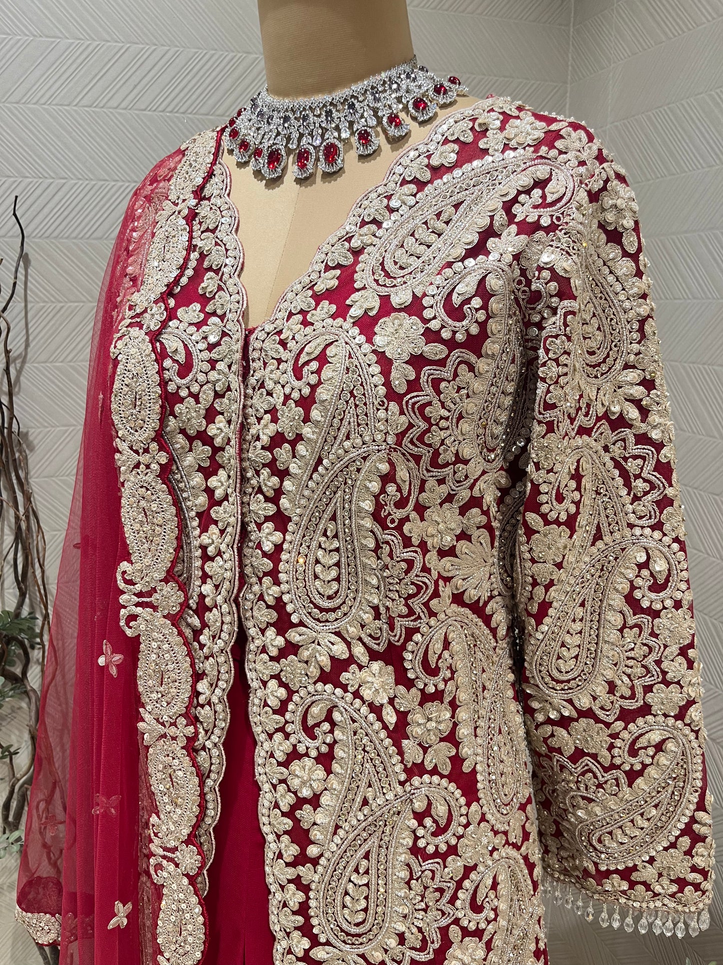 Ruby red pleated Sharara set