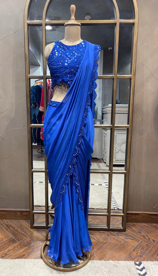 Blue Mirrorwork Draped Saree