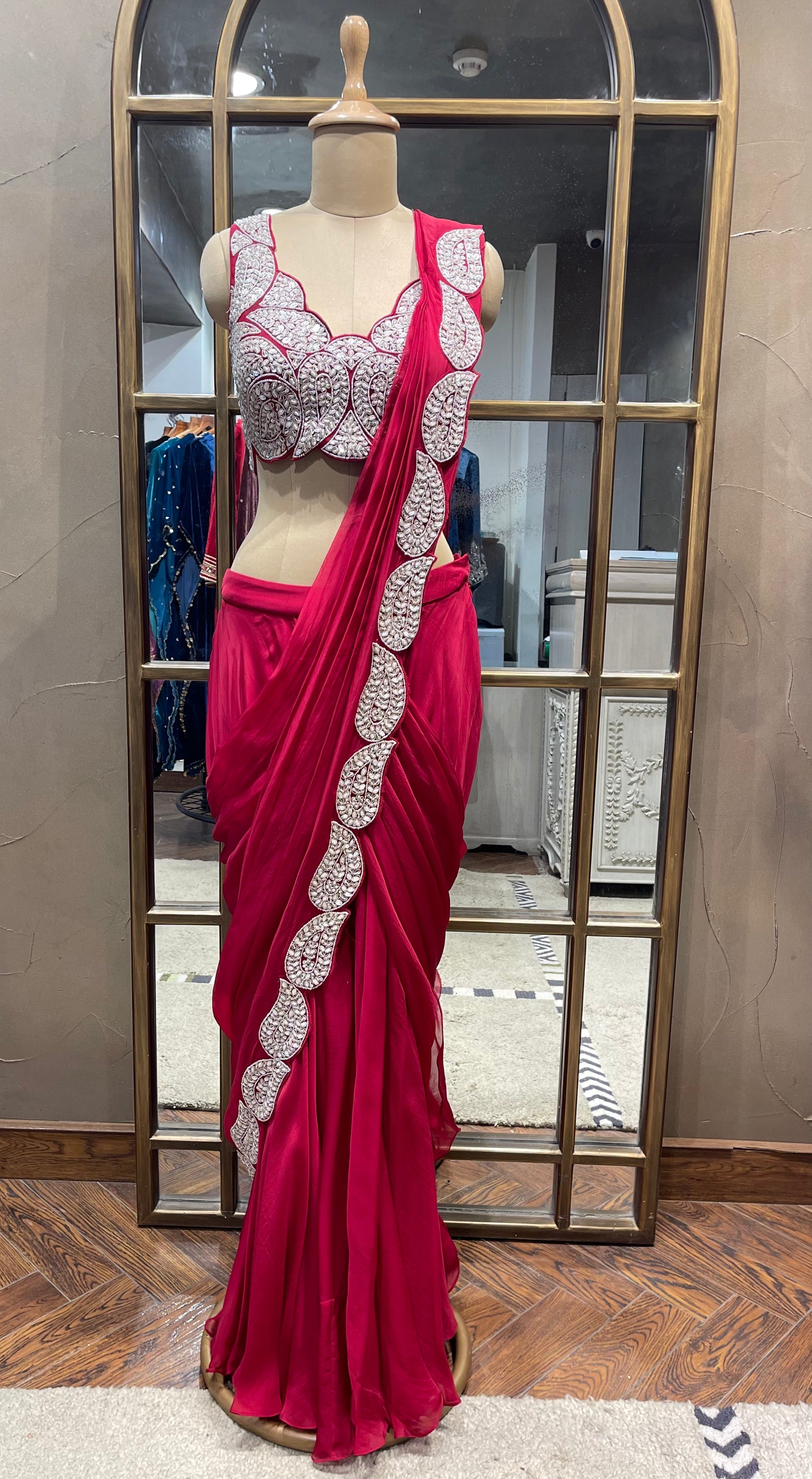 Red Paisley Scalloped Draped Saree