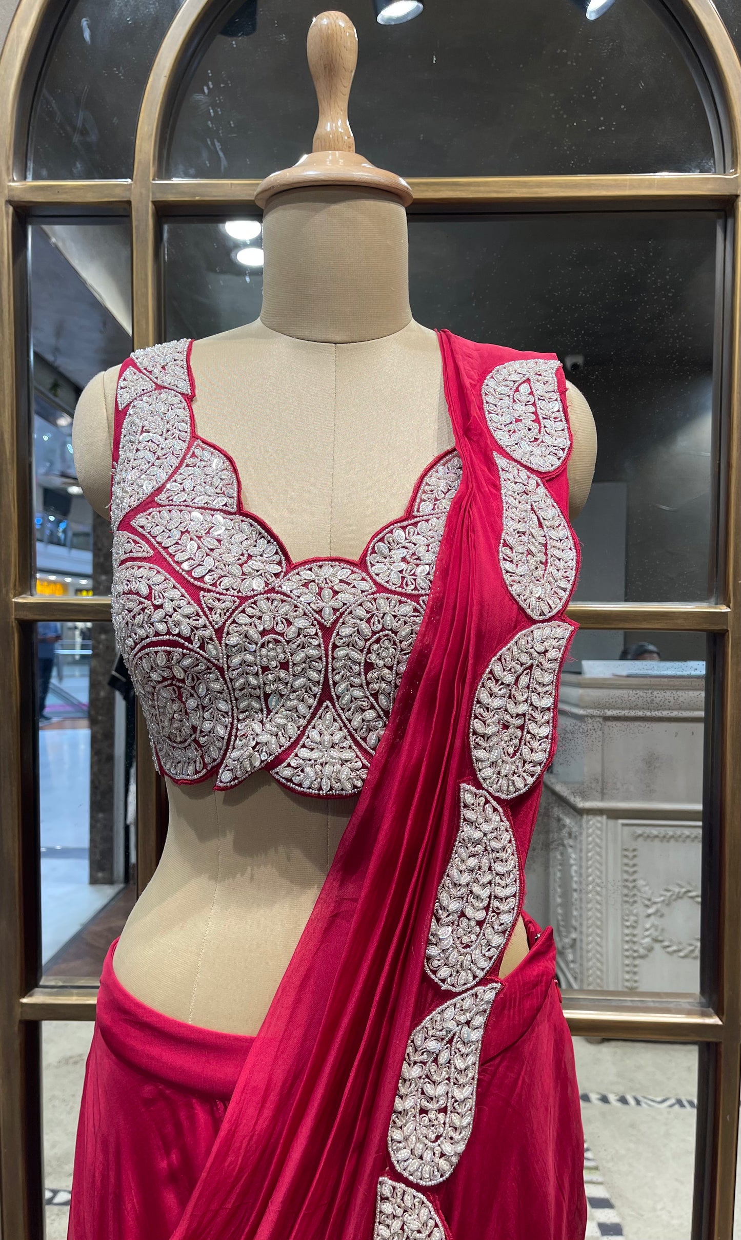 Red Paisley Scalloped Draped Saree