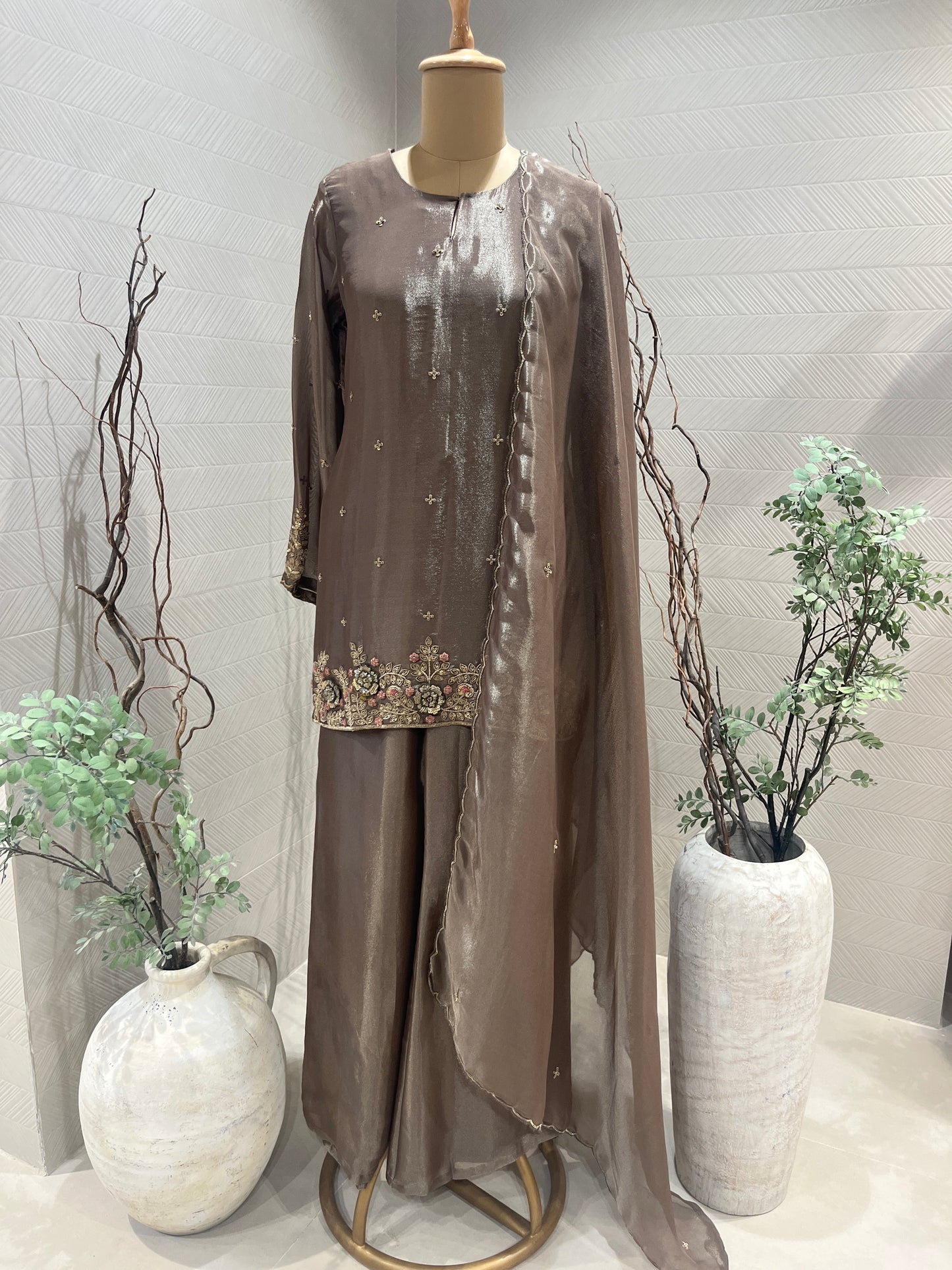 Dark Rose Gold Tissue Sharara Set