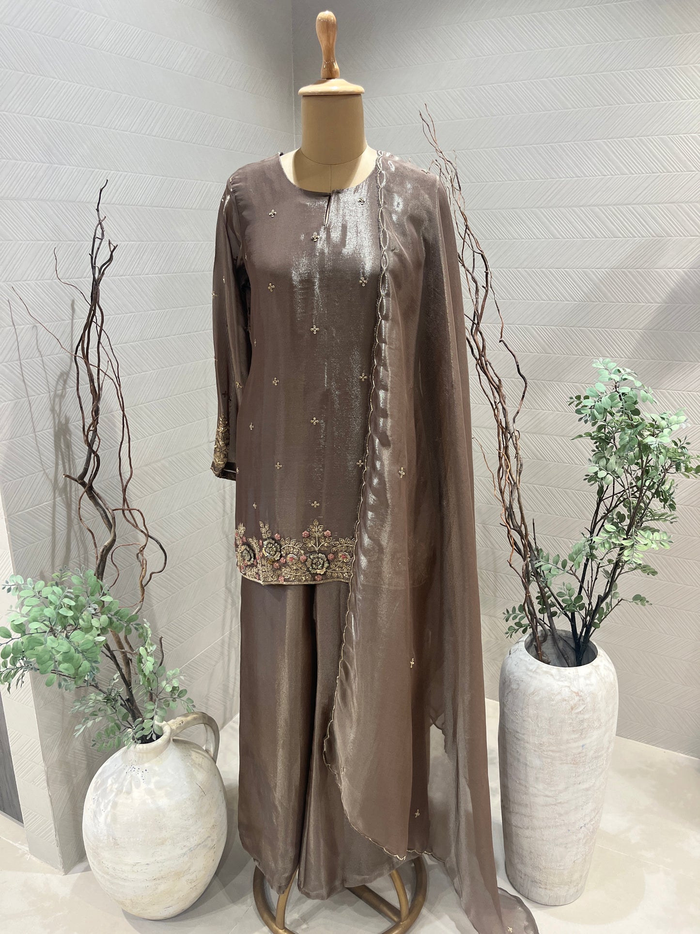 Dark Rose Gold Tissue Sharara Set