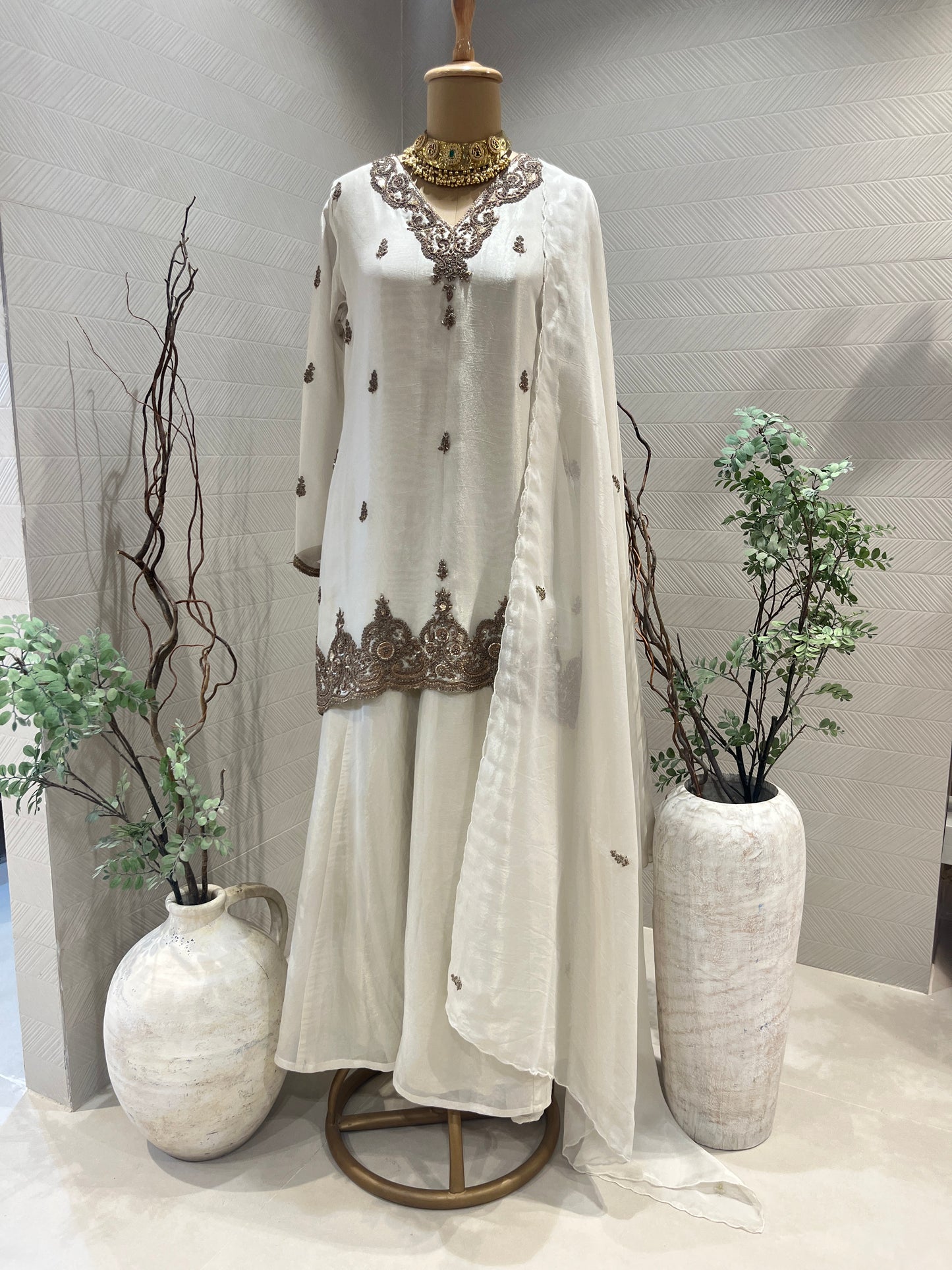Ivory Tissue Dabka Sharara Set