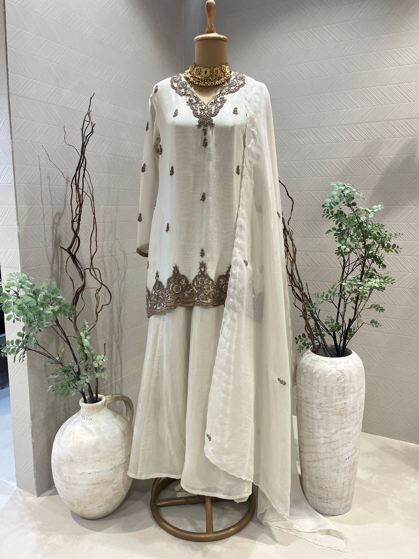 Ivory Tissue Dabka Sharara Set