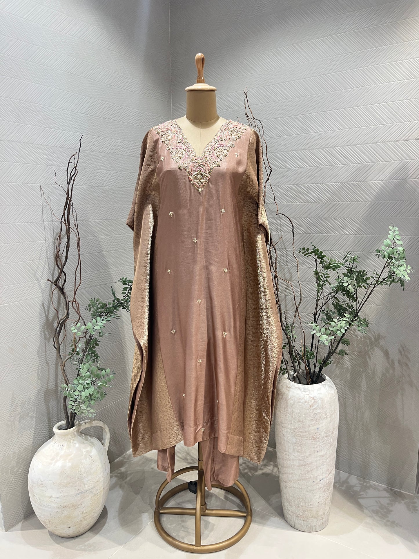 Taupe Banarsi Silk Kaftan Set