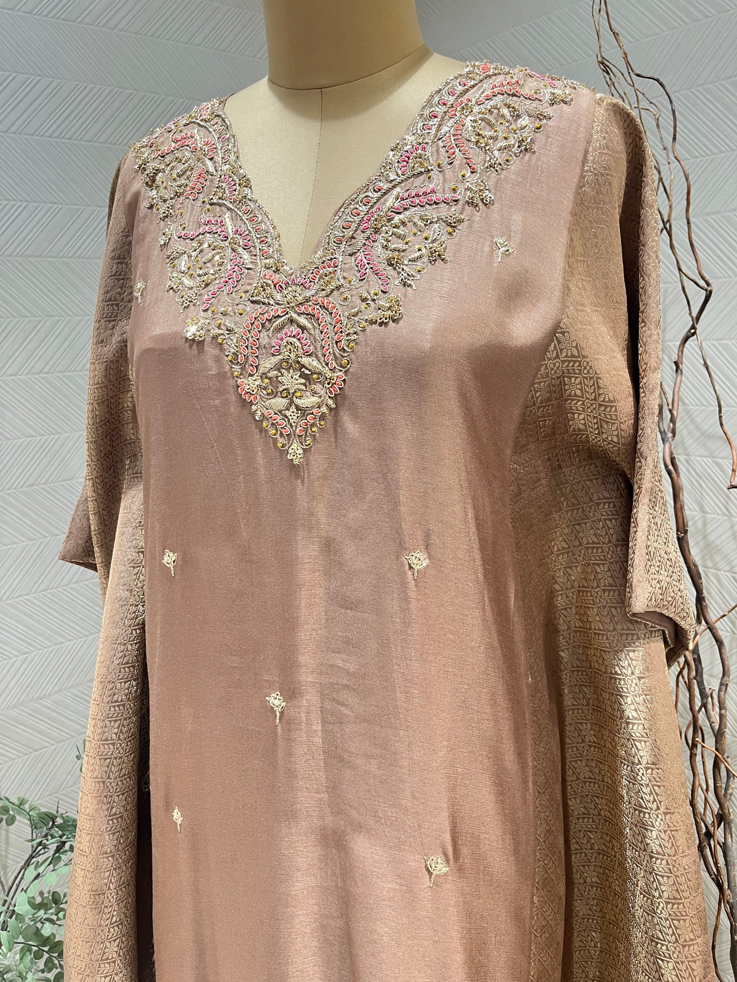 Taupe Banarsi Silk Kaftan Set
