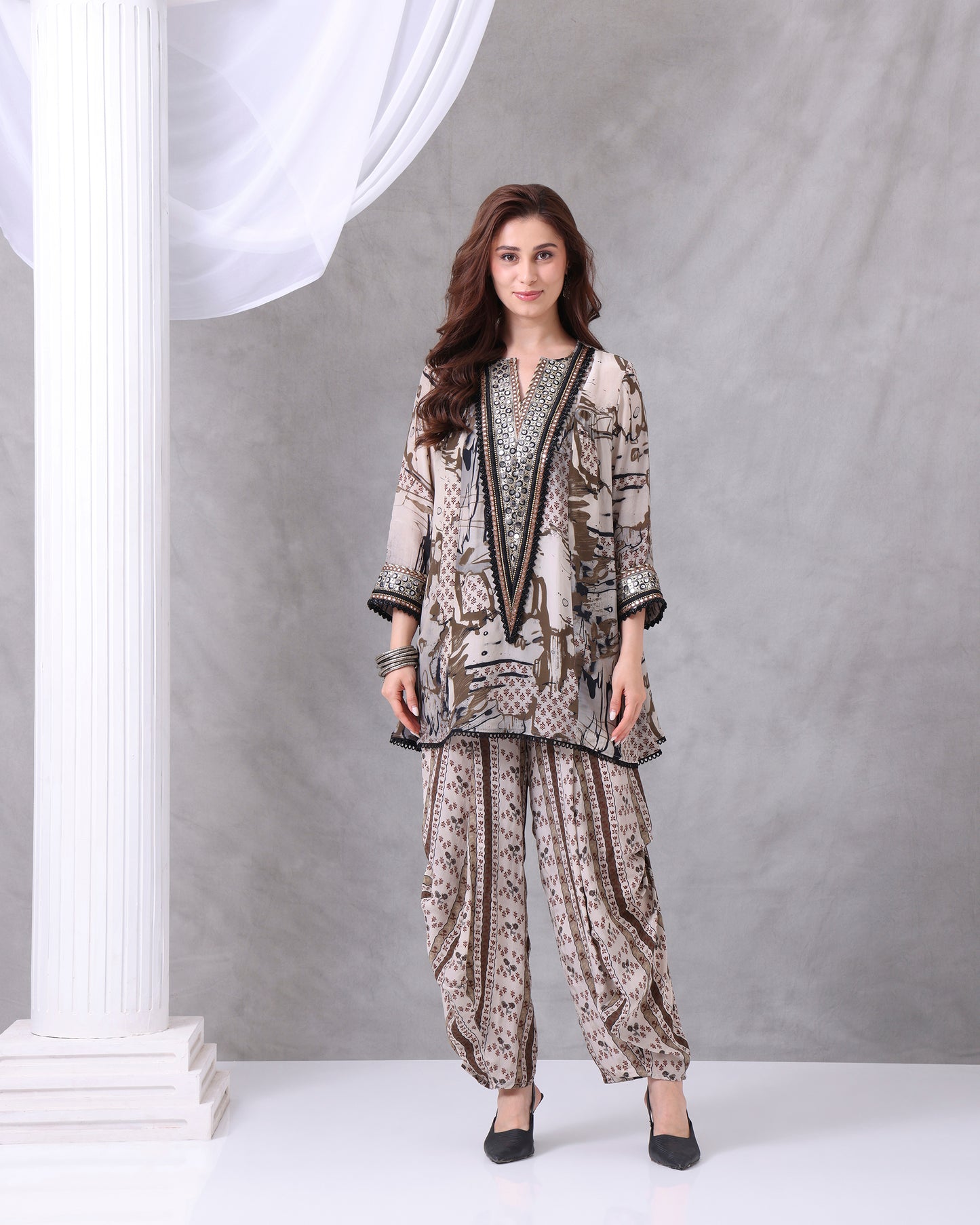 Black White printed dhoti set