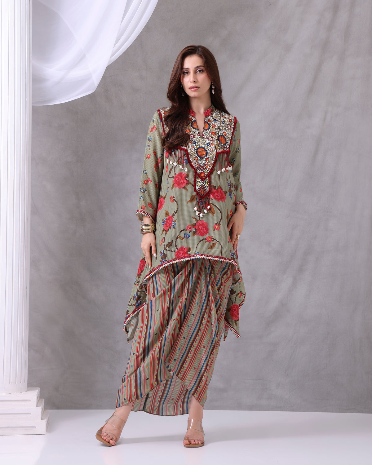 High Low Heavy Neckline Green Bohemian Set &nbsp;
