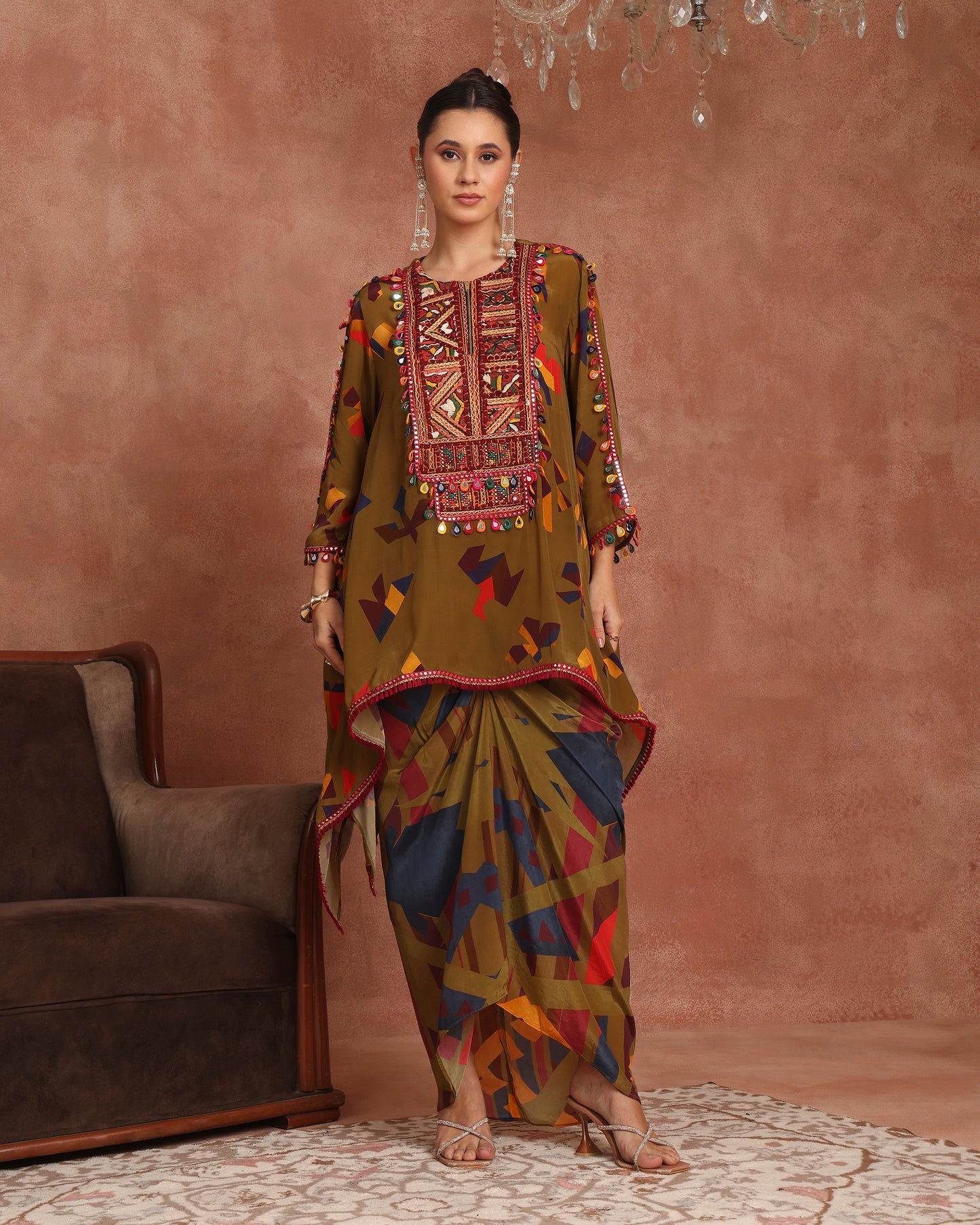 Olive Printed Kutch Skirt Set