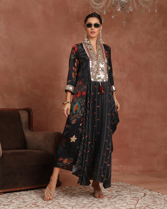 Black Printed Mirrorwork Dress &nbsp;