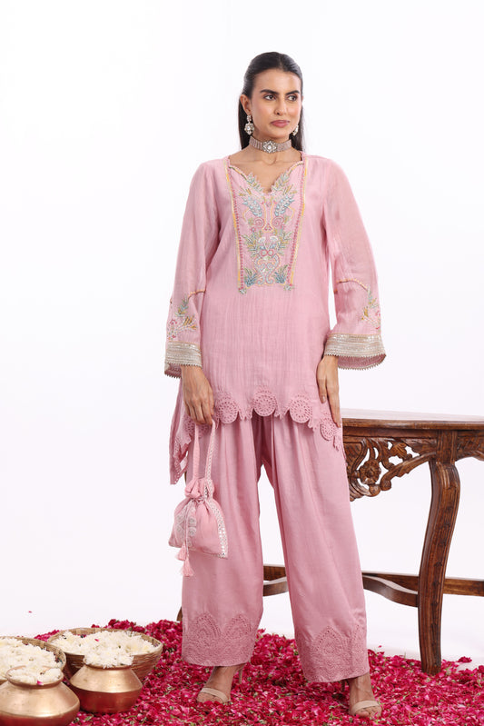 U Cut short length shirt, Potli with Farsi Salwar