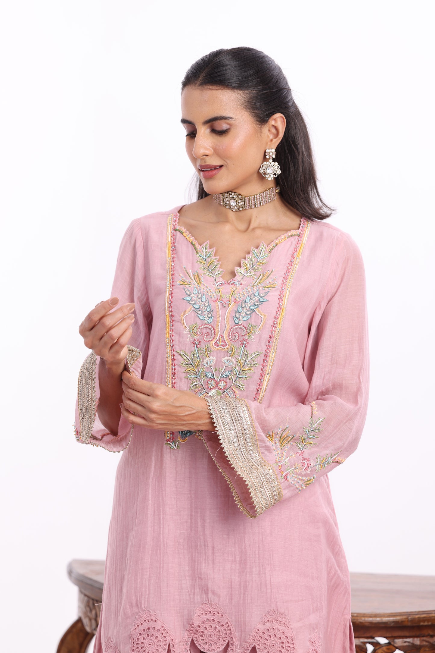 U Cut short length shirt, Potli with Farsi Salwar