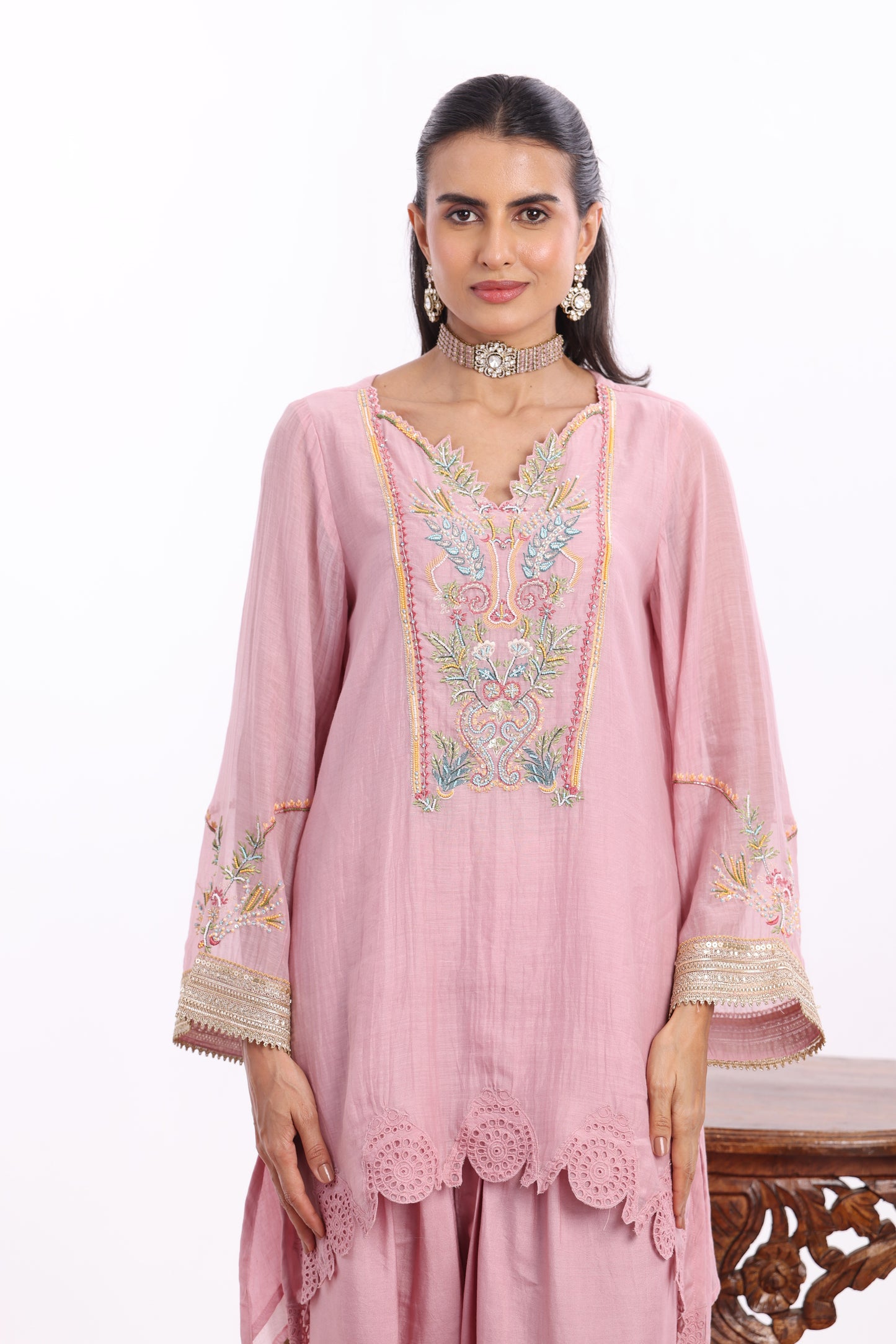U Cut short length shirt, Potli with Farsi Salwar