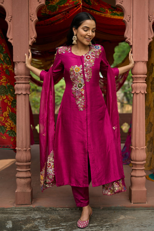 Deep Fuschia Organza Embroidered Kurta Set