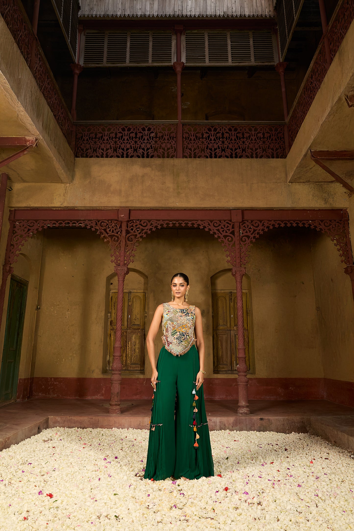 Emerald Green Silk & Georgette Hand Embroidered Co-Ord Set