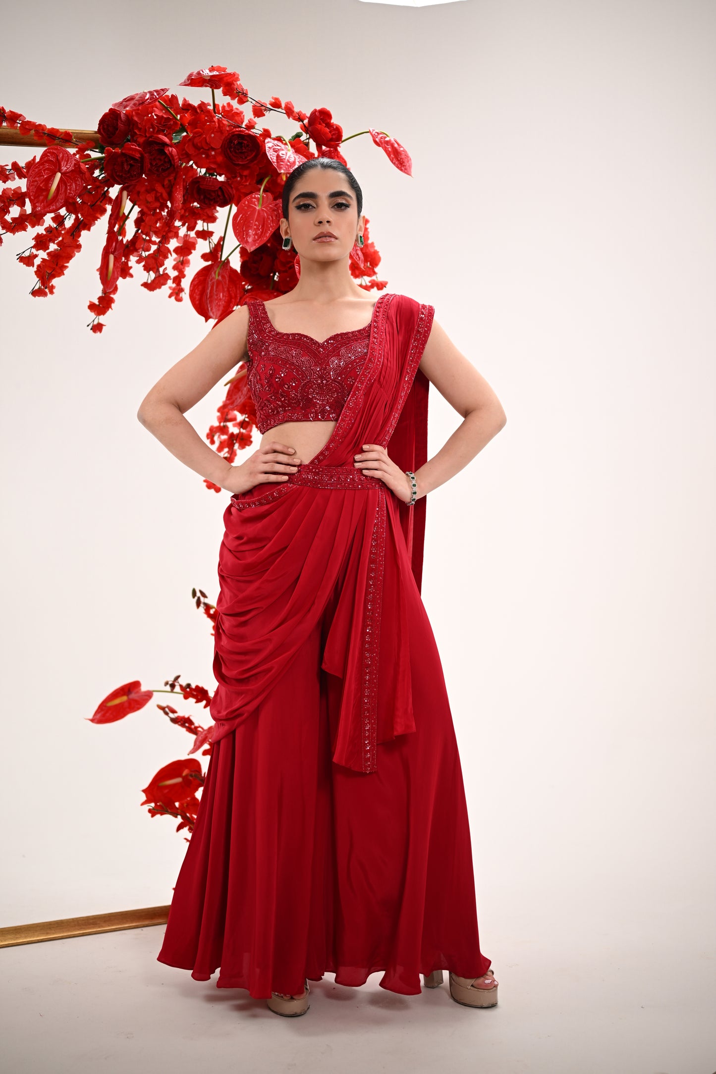 Red Sharara Saree