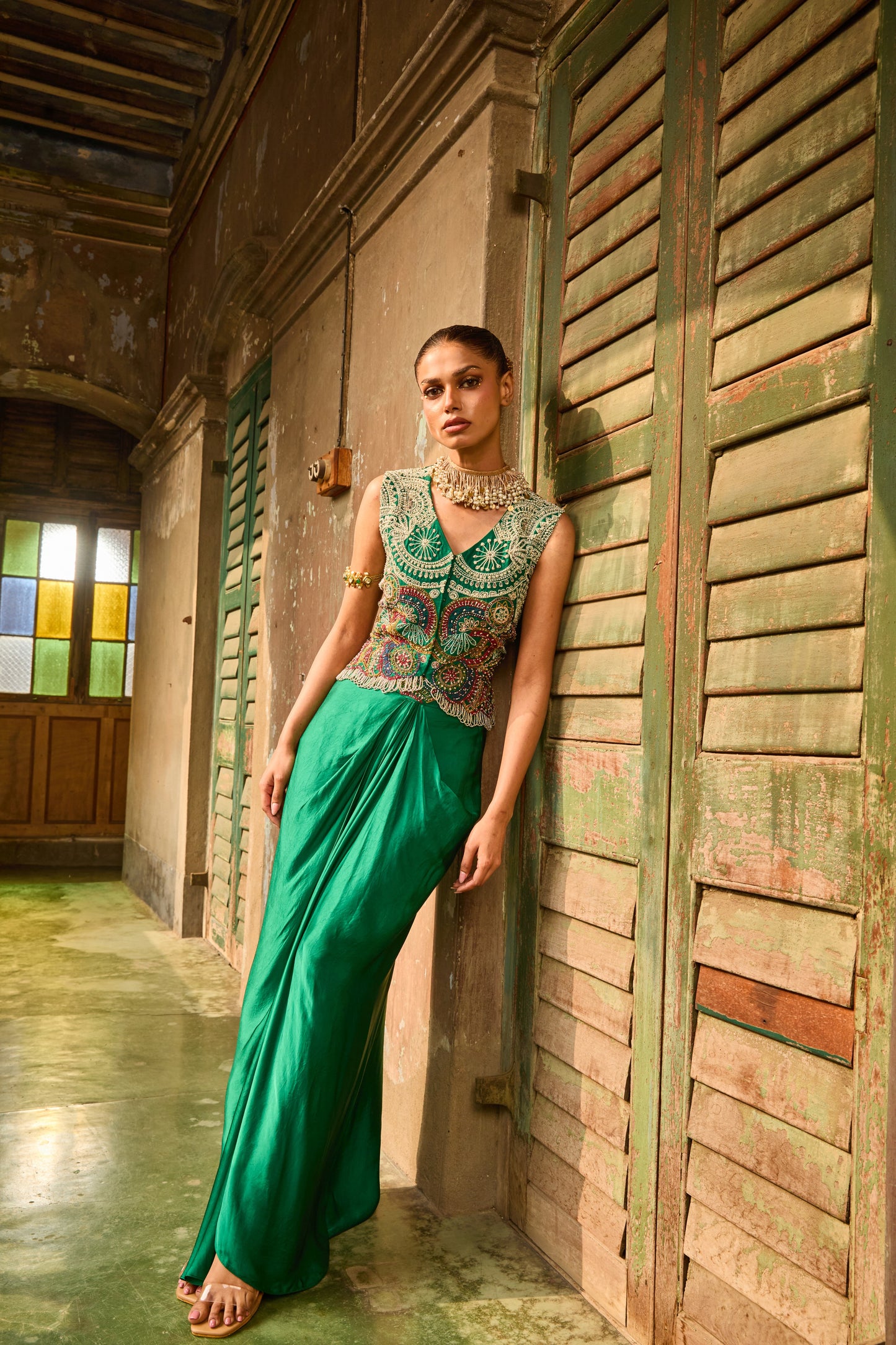 Green Multicolour Blouse and Draped Skirt Set