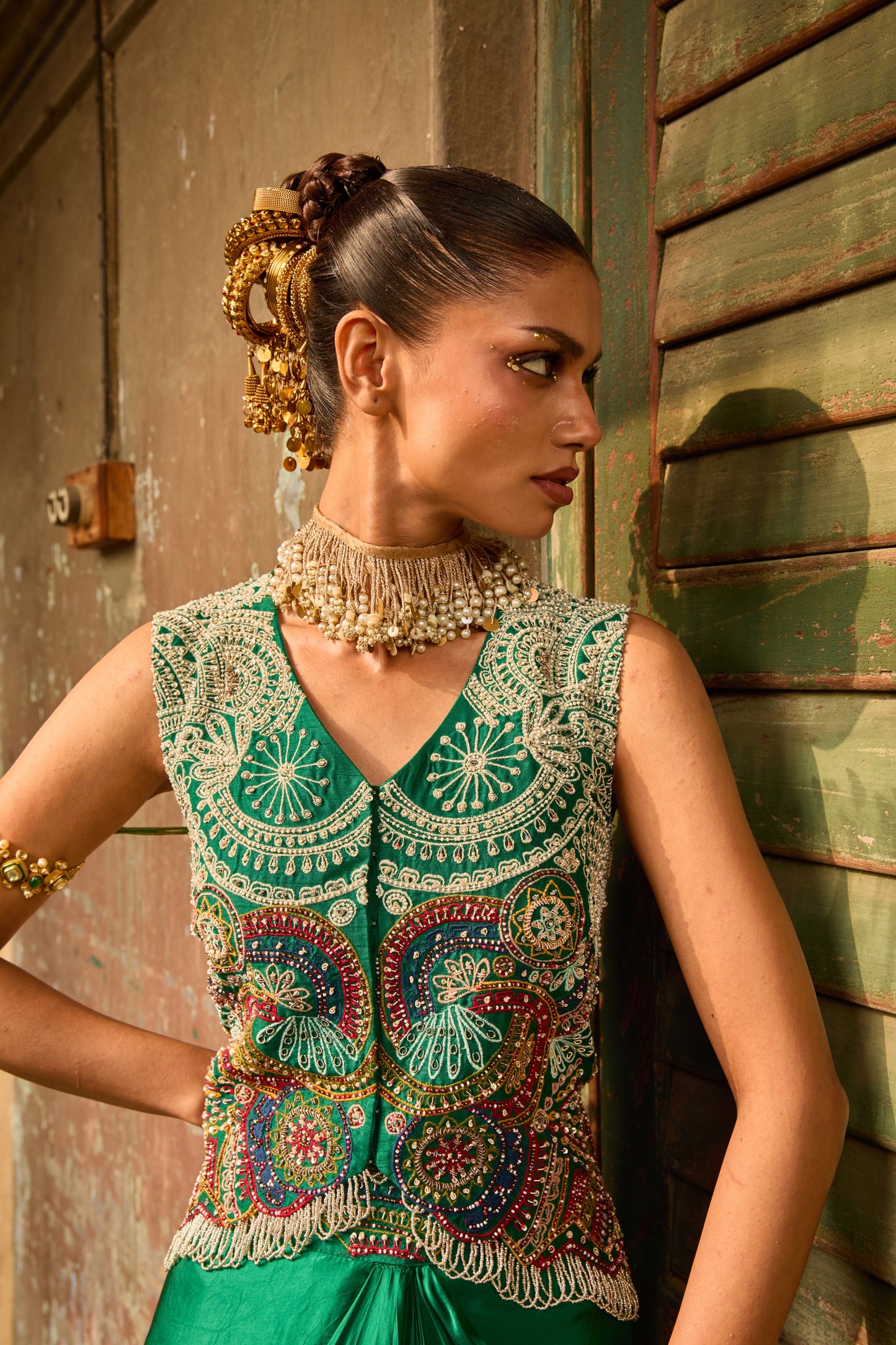 Green Multicolour Blouse and Draped Skirt Set