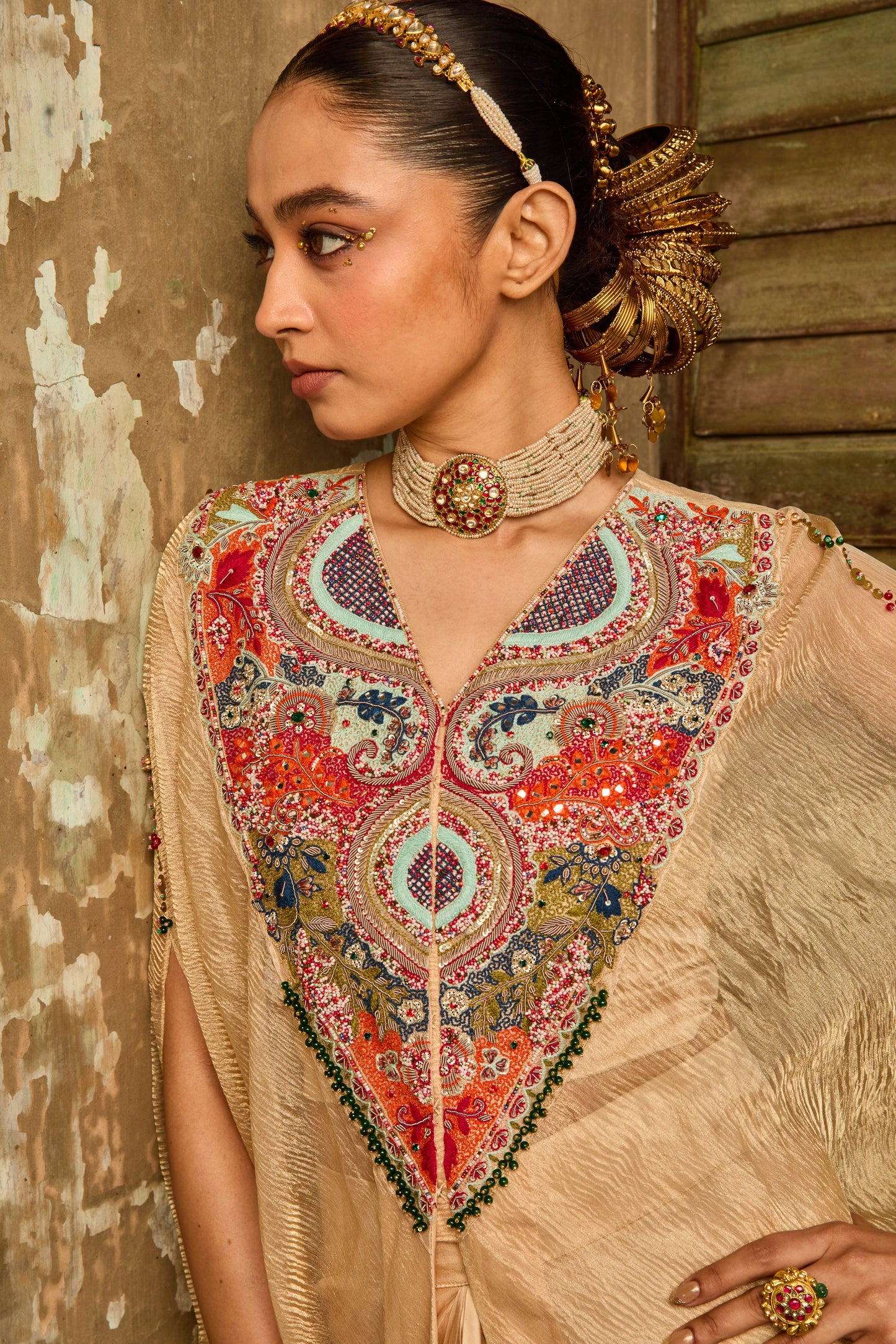 Gold Tissue Embroidered Kaftan with Satin Draped Skirt