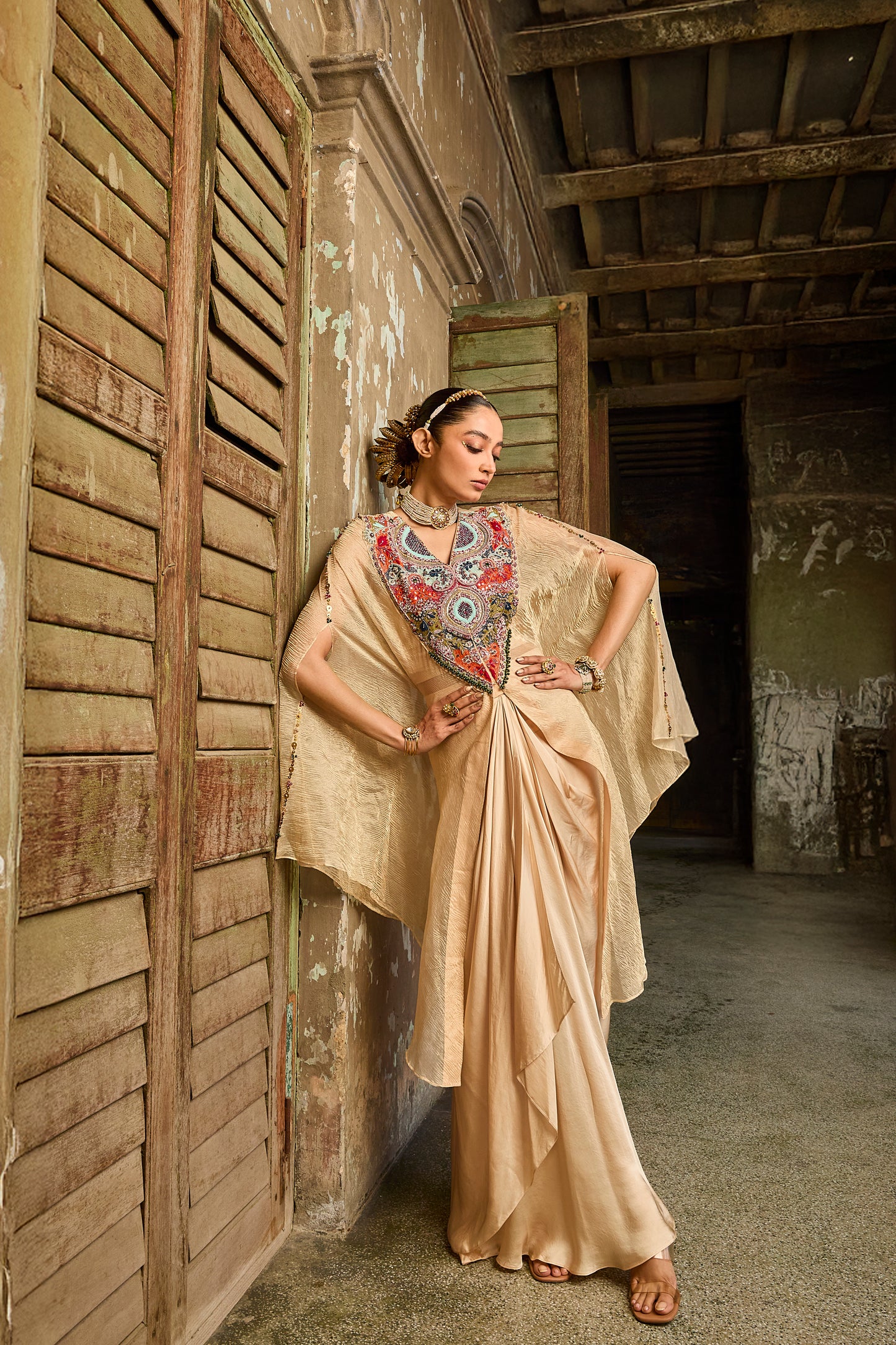Gold Tissue Embroidered Kaftan with Satin Draped Skirt