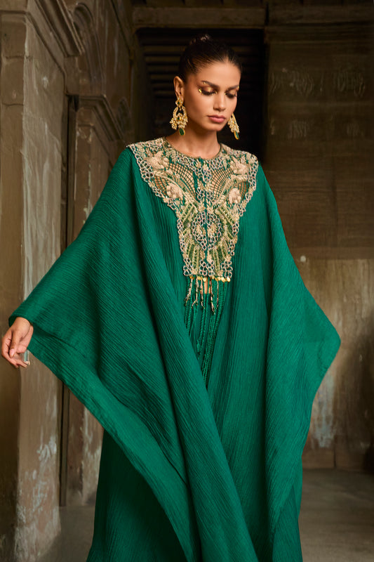 Emerald Green Crinkle Chanderi Kaftan Set