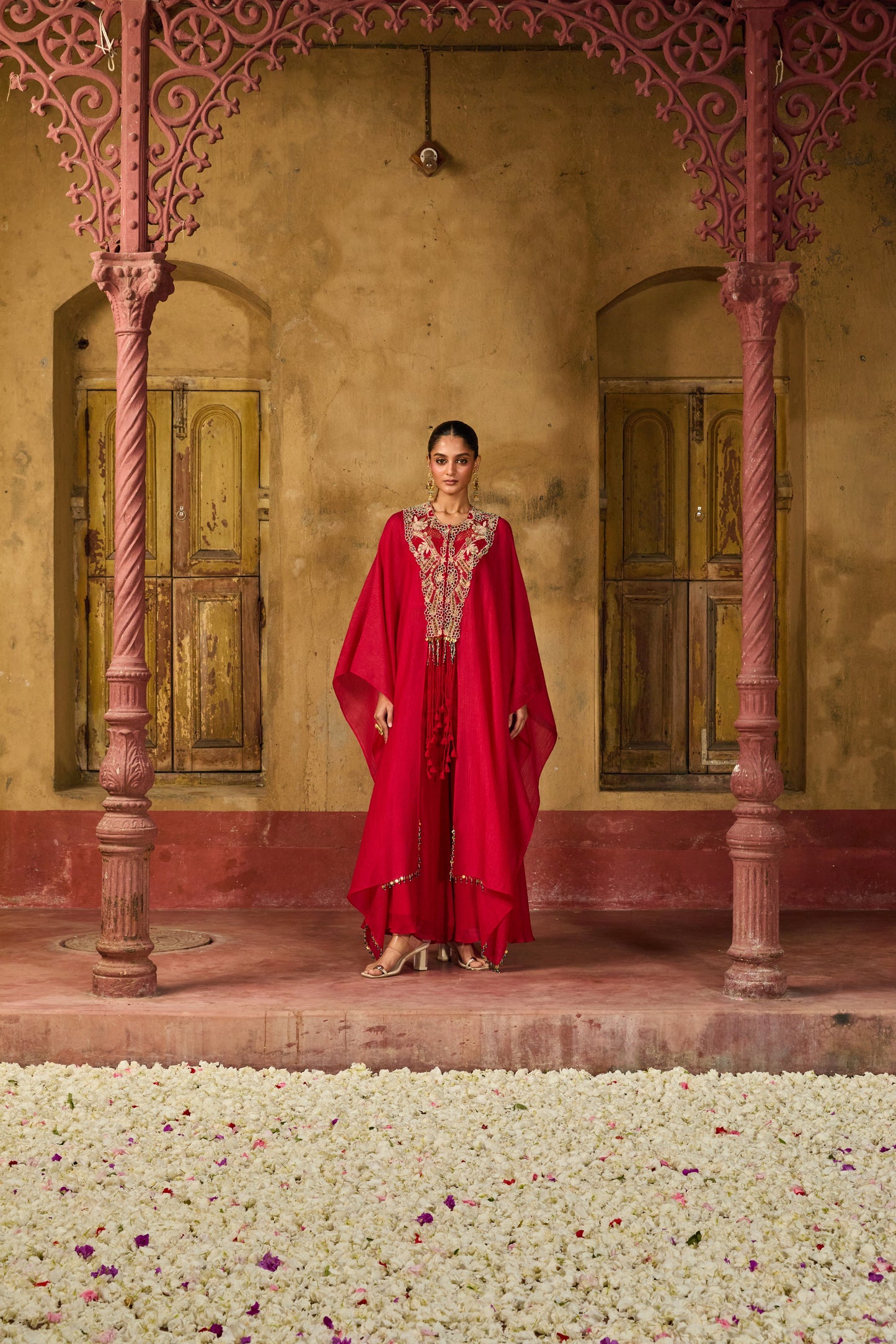 Ruby Red Crinkle Chanderi Kaftan Set