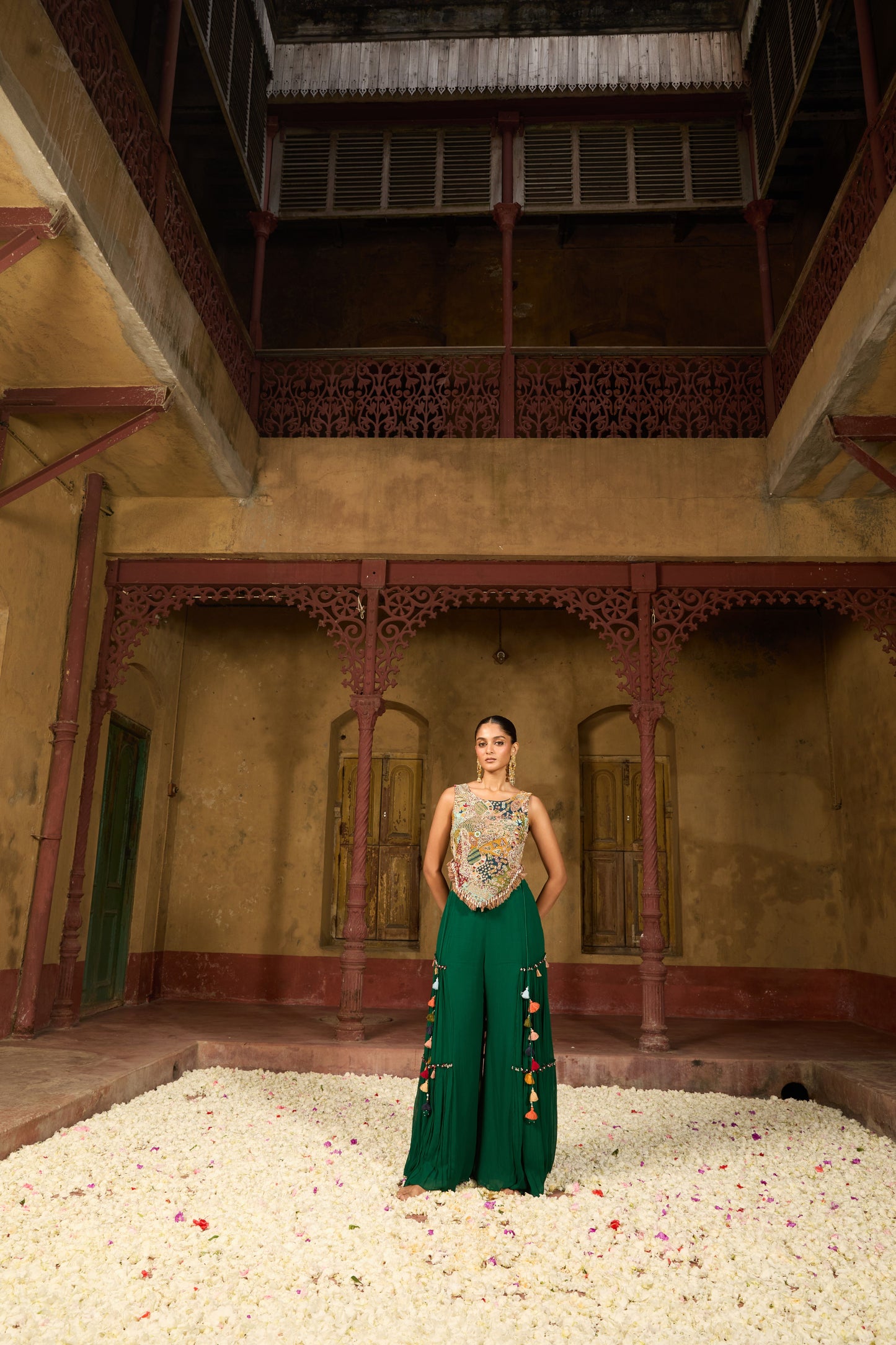 Emerald Green Silk & Georgette Hand Embroidered Co-Ord Set