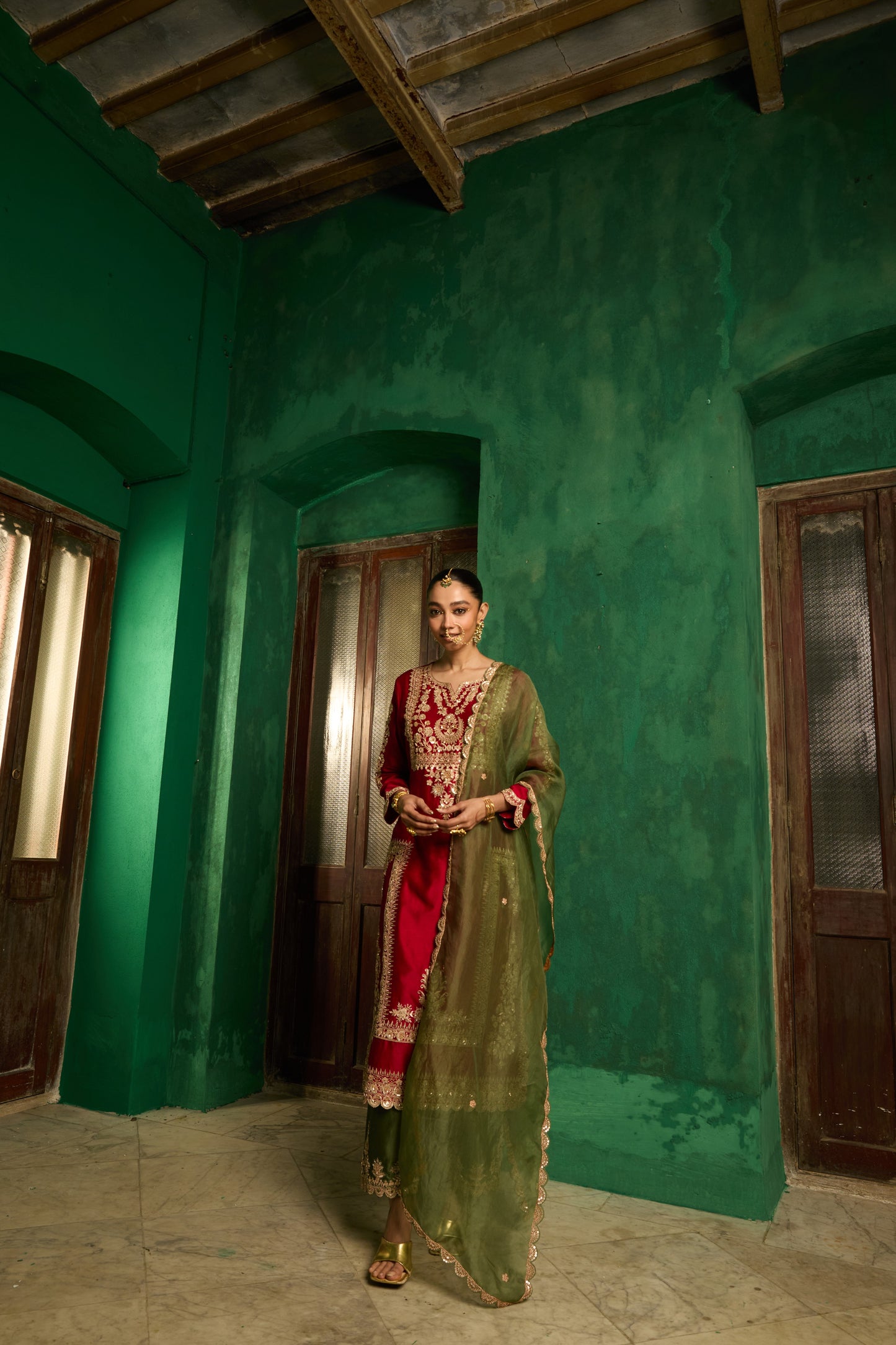 Scarlet Red and Deep Olive Kurta Set