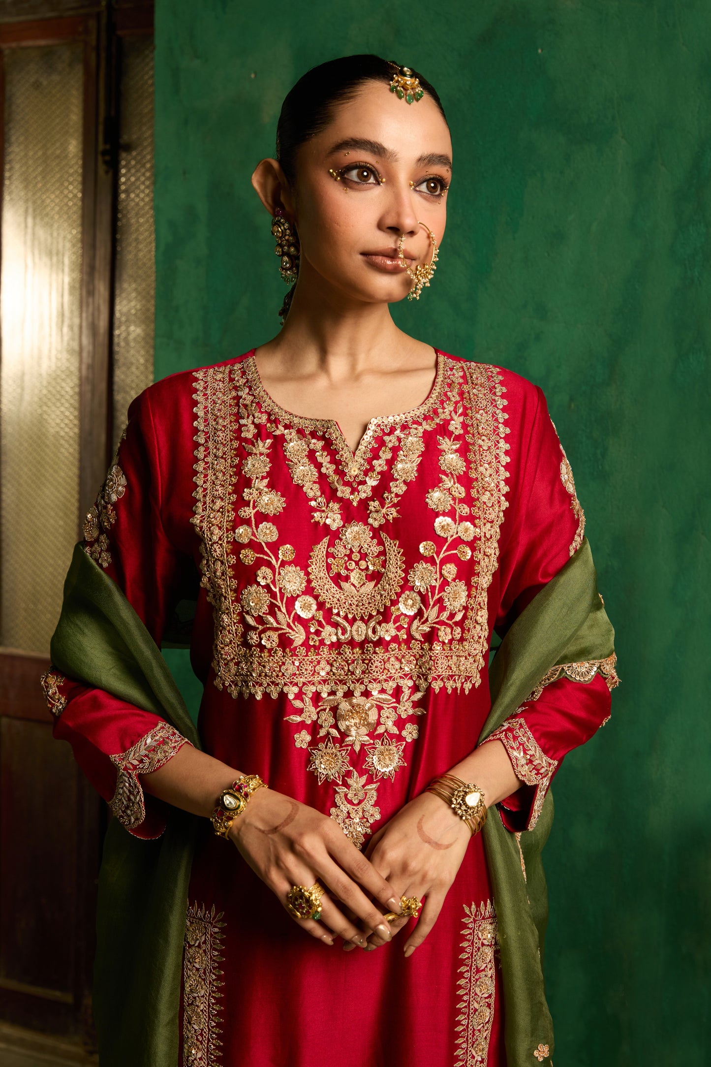 Scarlet Red and Deep Olive Kurta Set