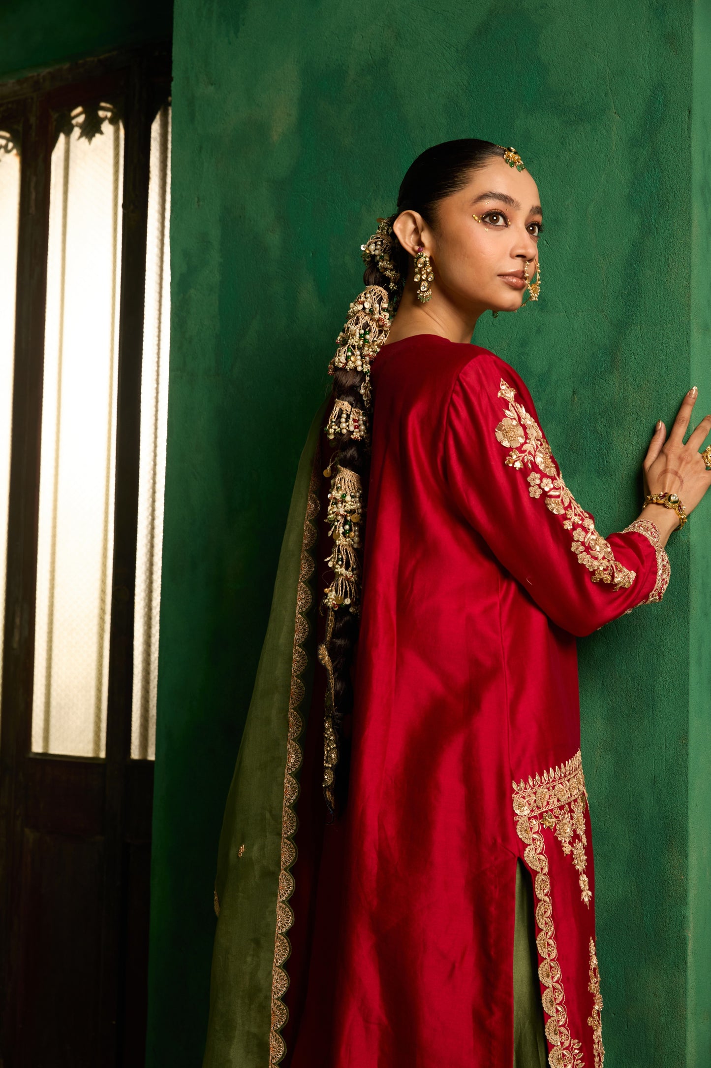 Scarlet Red and Deep Olive Kurta Set