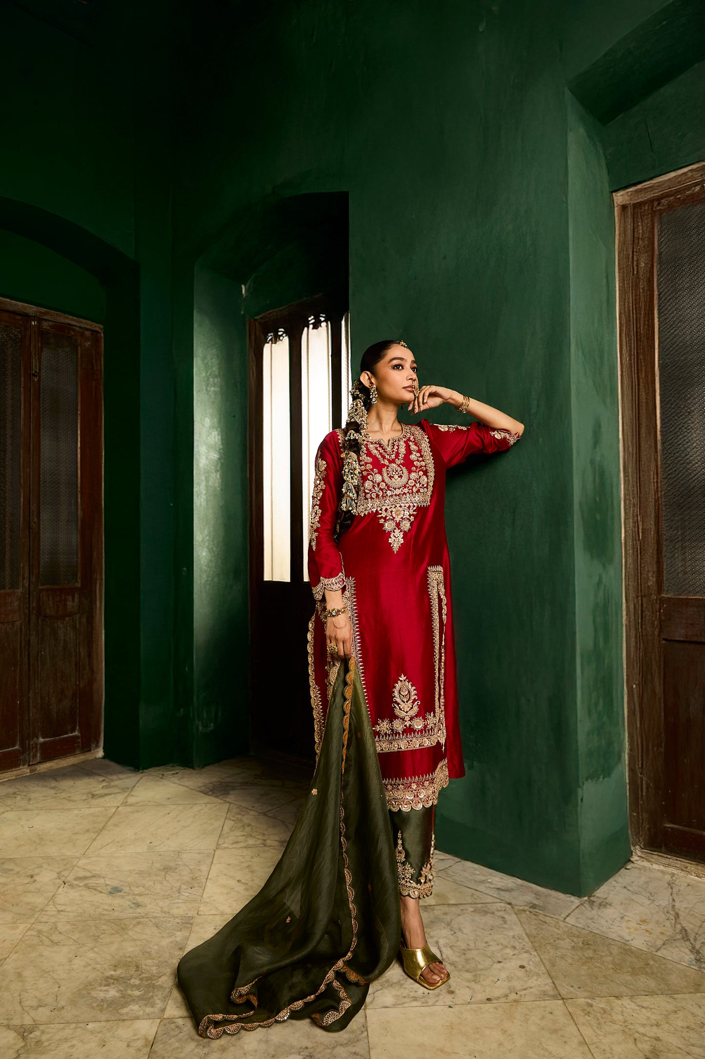 Scarlet Red and Deep Olive Kurta Set