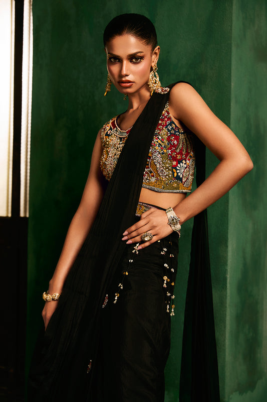 Black Silk & Satin Organza Hand Embroidered Draped Saree Set