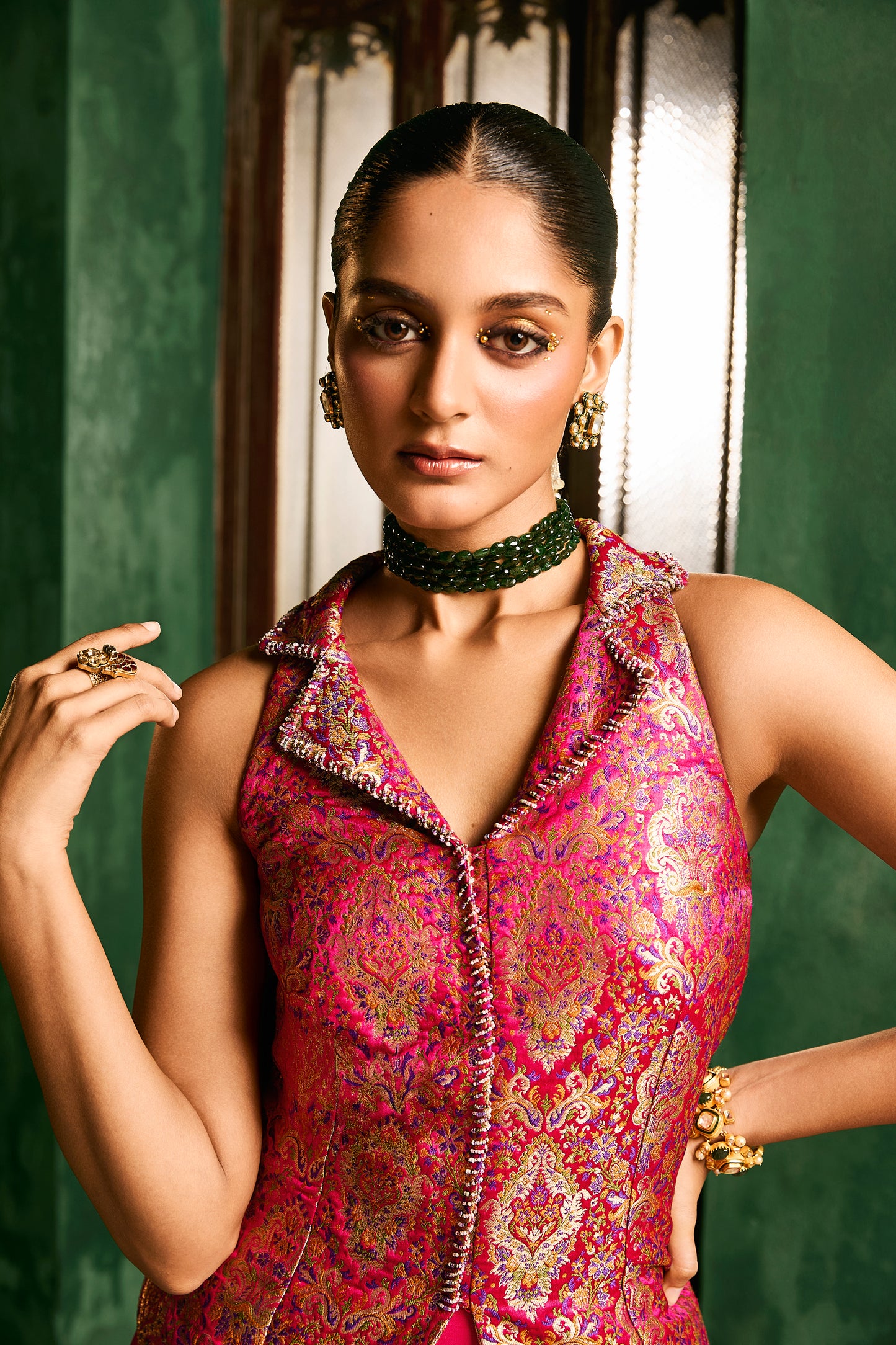 Fuschia Banarsi waistcoat lehenga set