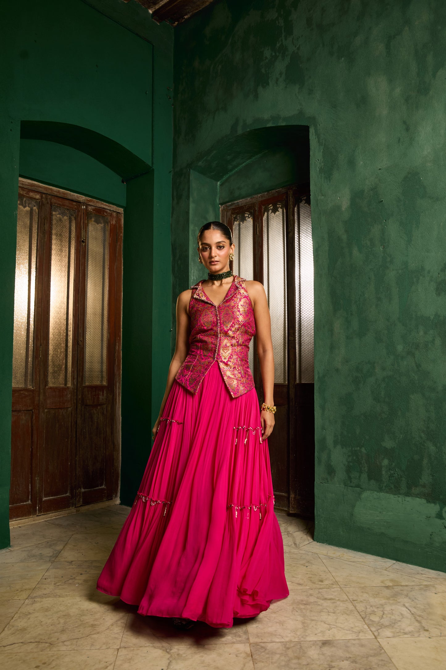Fuschia Banarsi waistcoat lehenga set