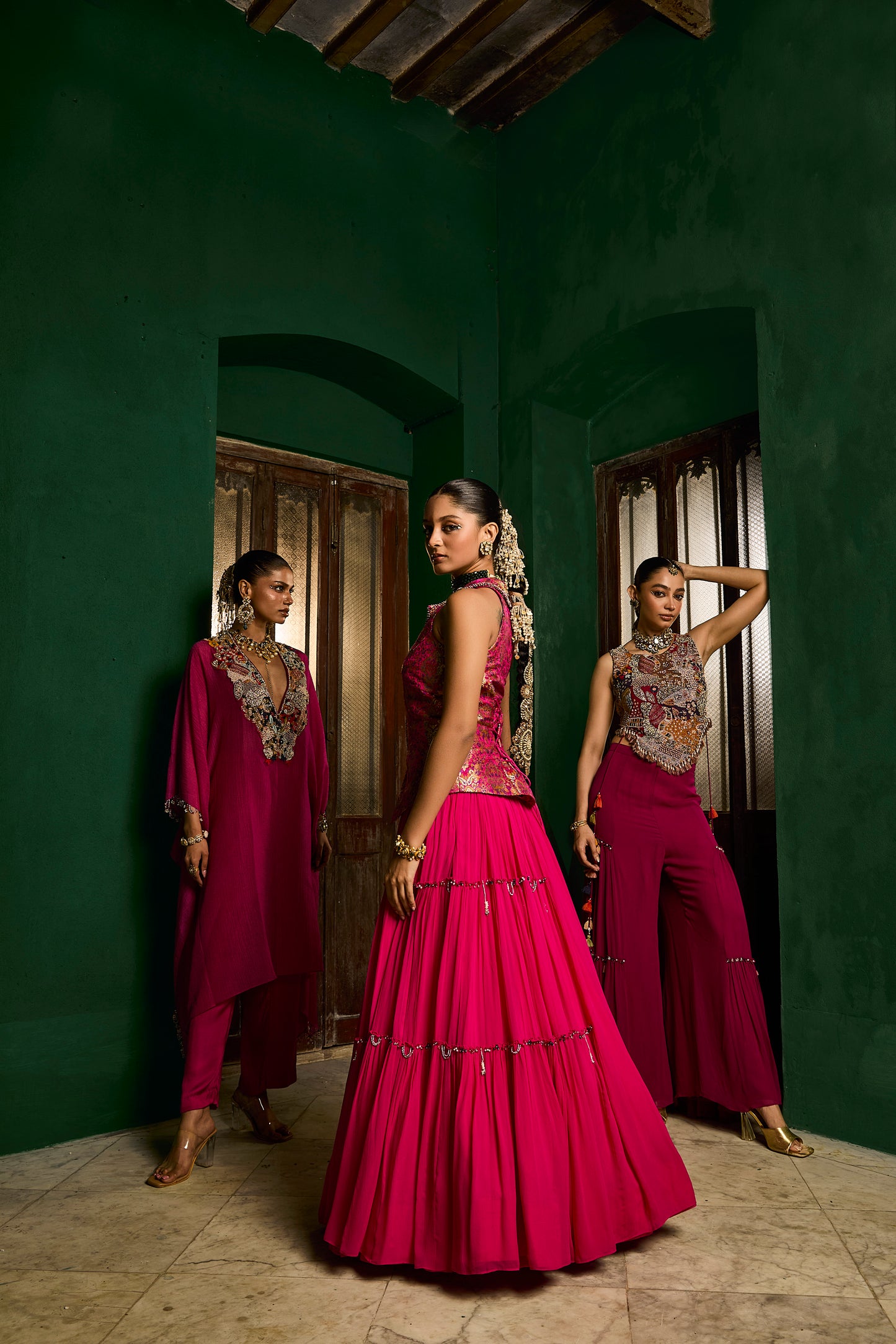 Fuschia Banarsi waistcoat lehenga set