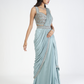 Dusky Blue Raw Silk & Georgette Embellished Draped Saree