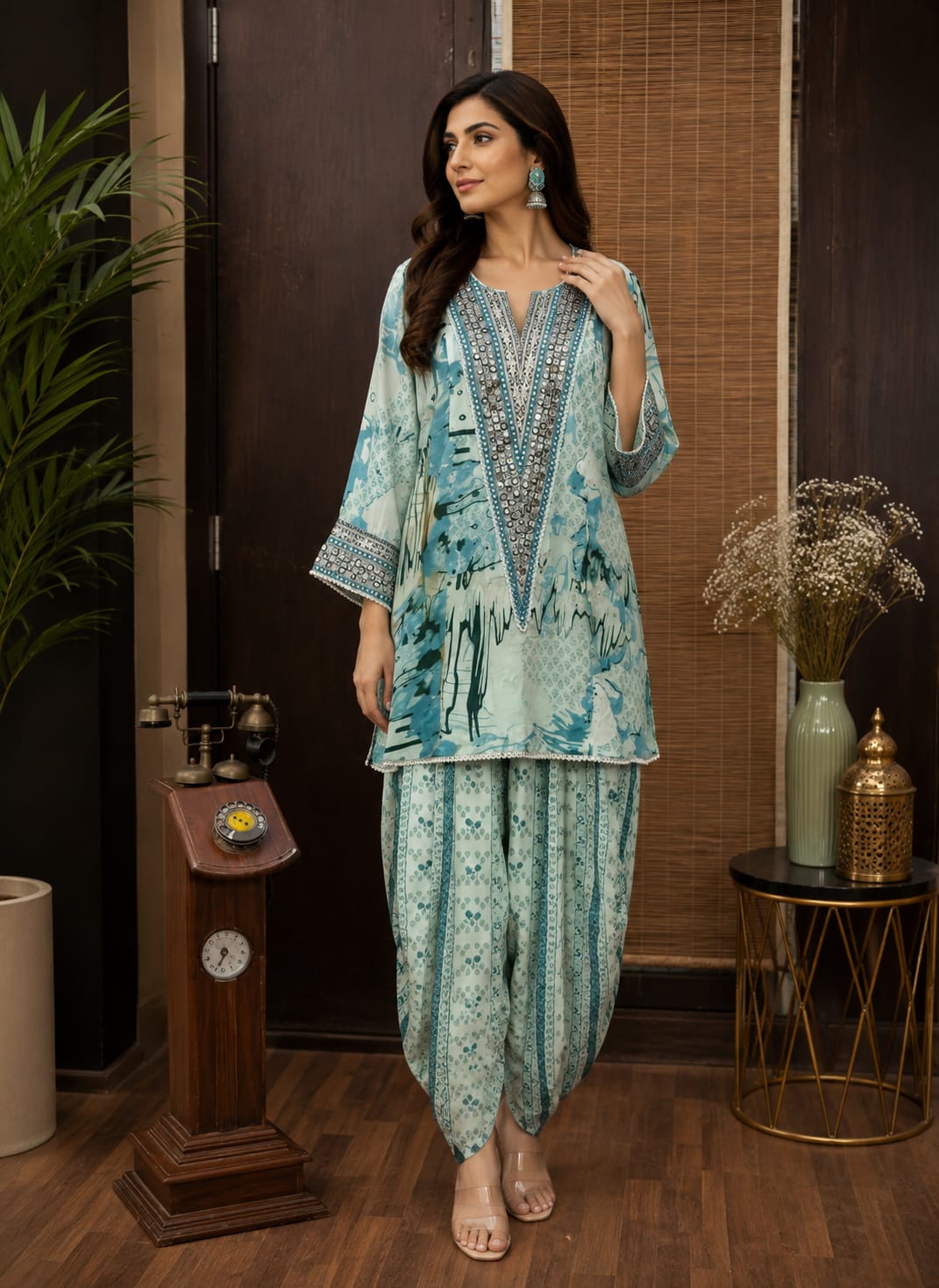 Blue Printed Dhoti Set