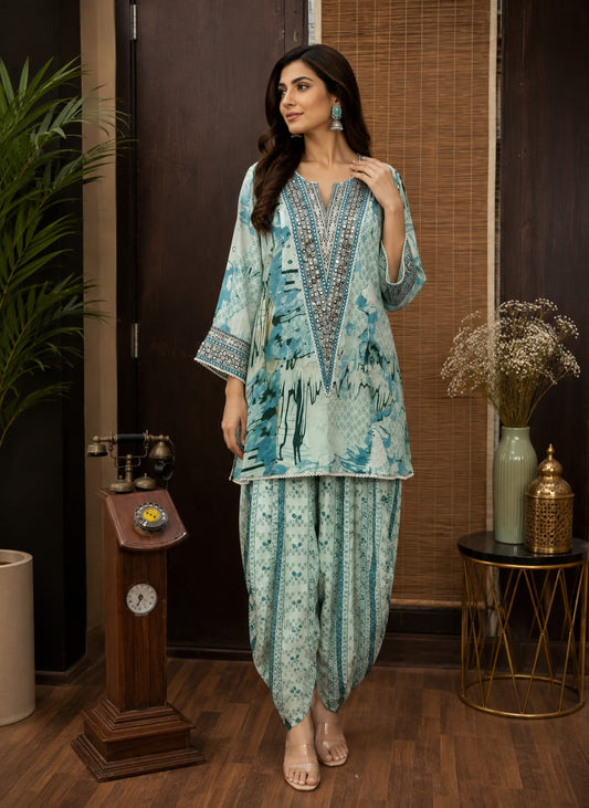 Blue Printed Dhoti Set