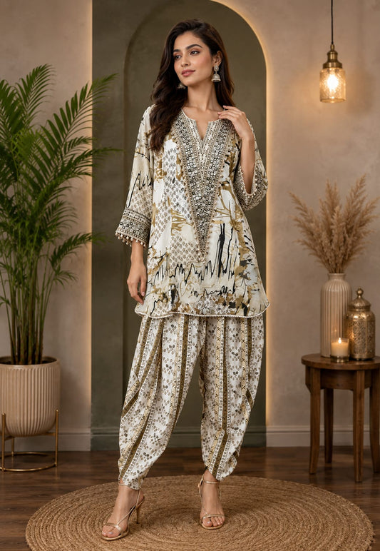 Black Olive Printed Dhoti Set