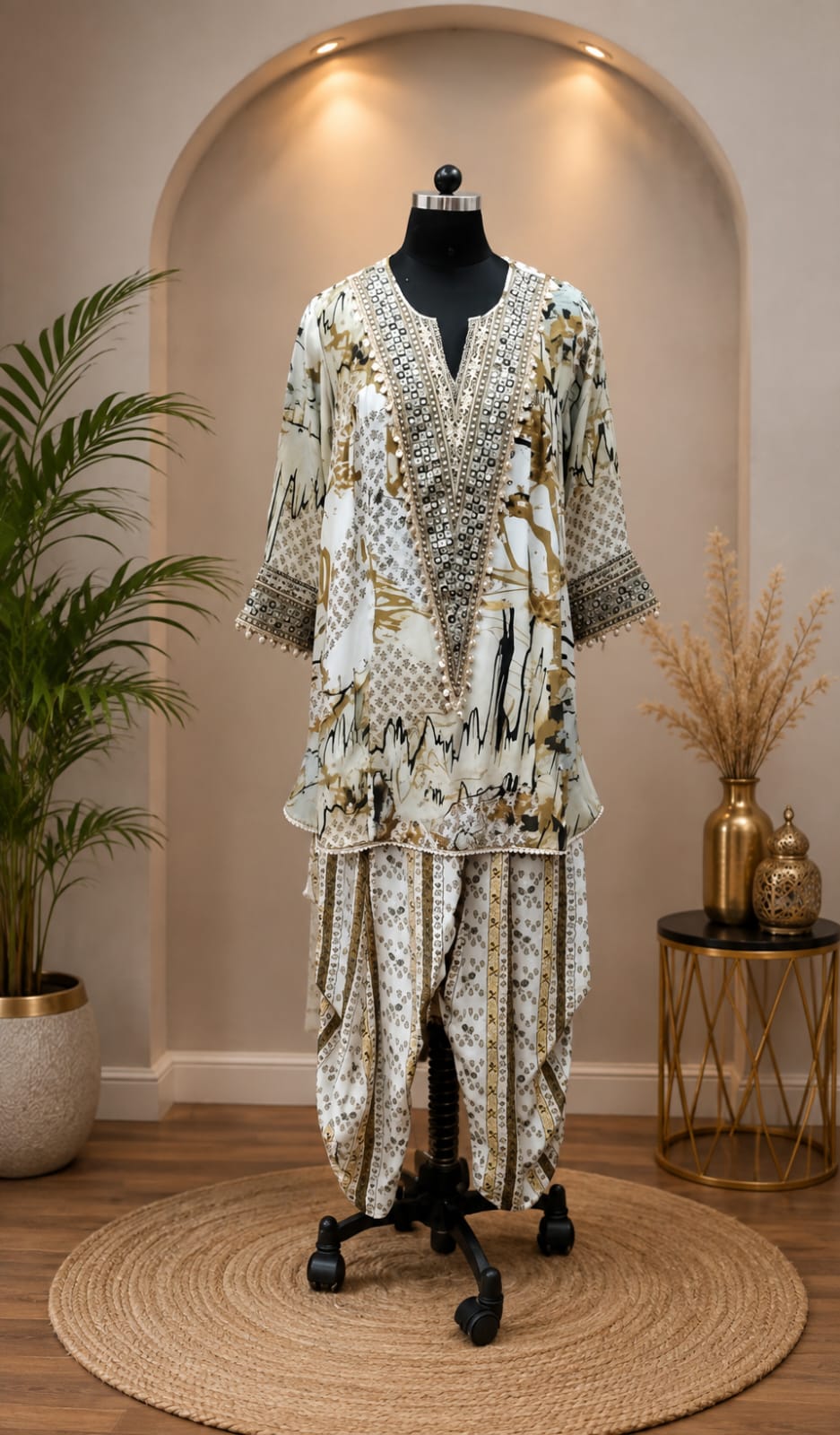 Black Olive Printed Dhoti Set